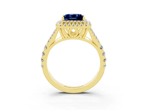 Yellow gold Double Halo Princess Cut Blue Sapphire Split Shank Engagement Ring with Four-Prong Setting_3