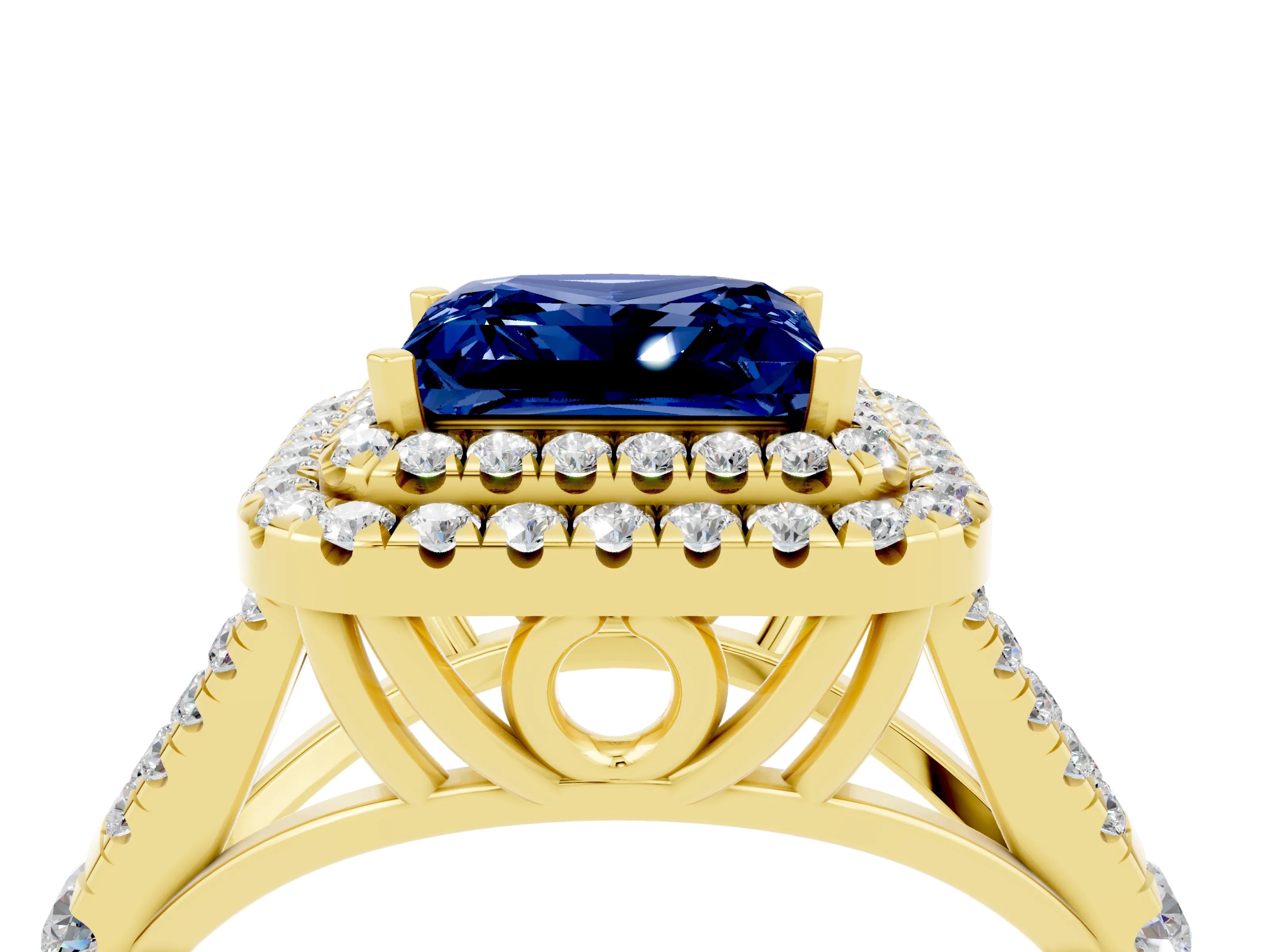 Yellow gold Double Halo Princess Cut Blue Sapphire Split Shank Engagement Ring with Four-Prong Setting_4