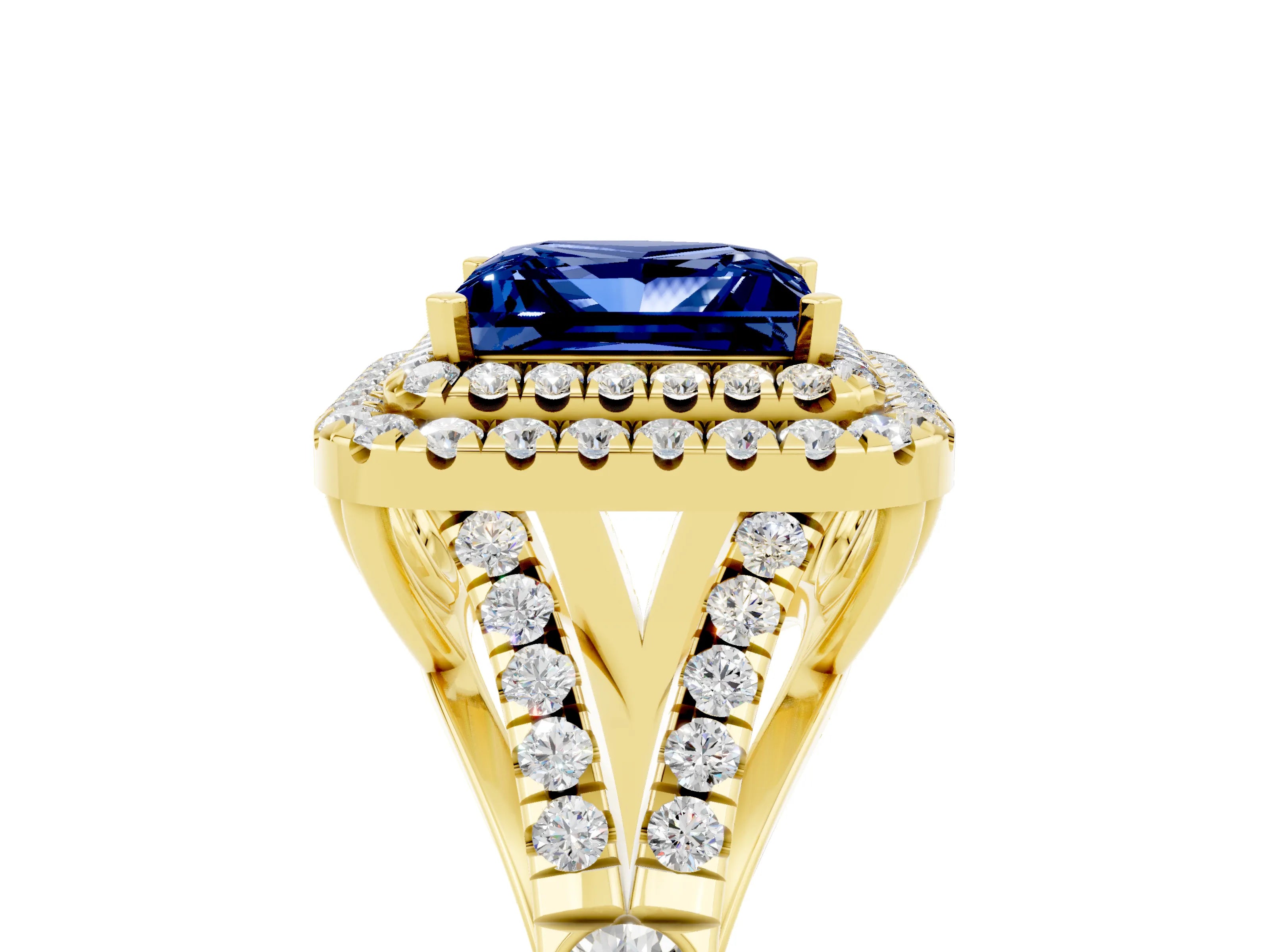 Yellow gold Double Halo Princess Cut Blue Sapphire Split Shank Engagement Ring with Four-Prong Setting_5
