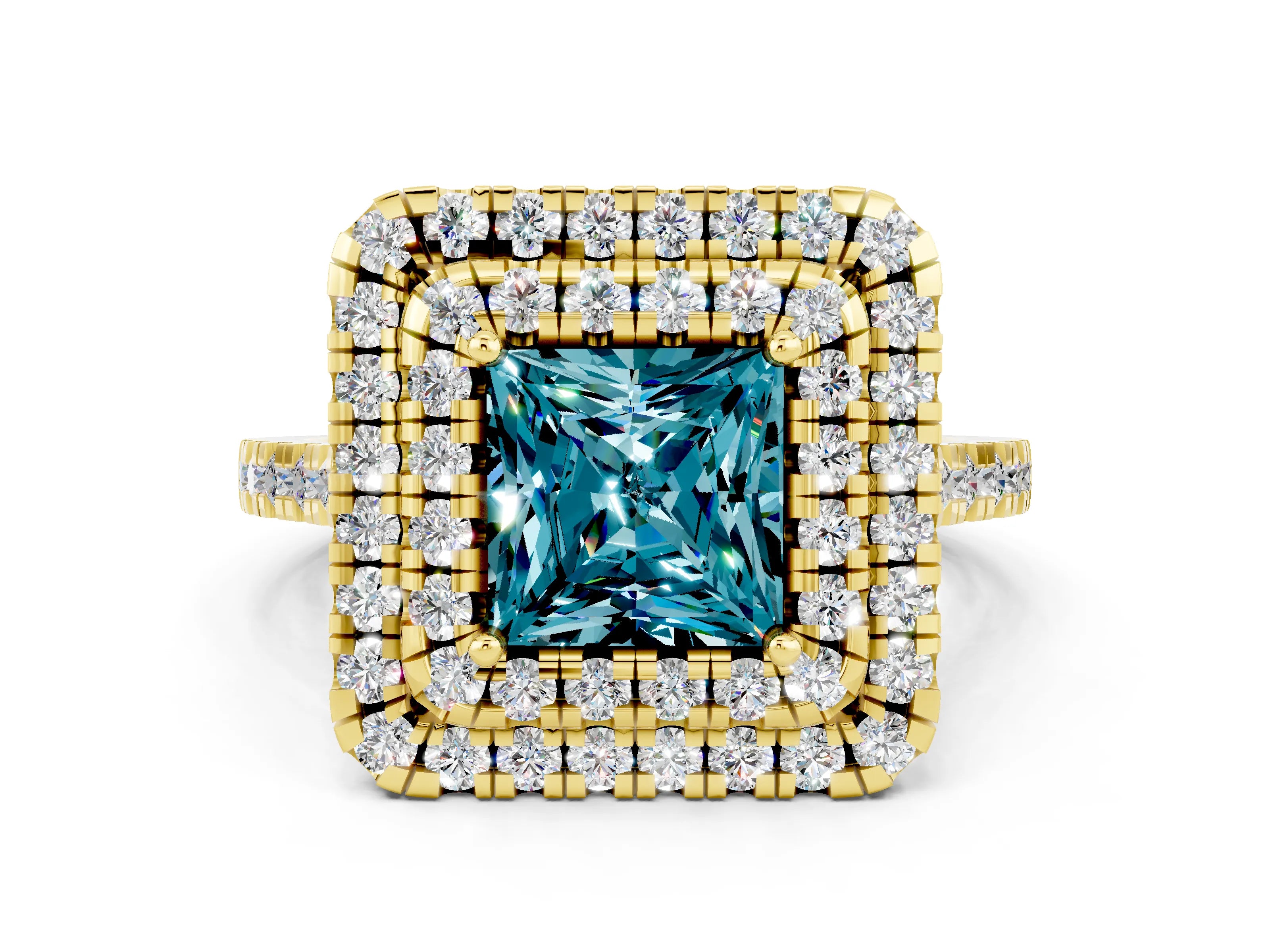 Yellow gold Double Halo Princess Cut Blue Topaz Pavé Band with Four-Prong Setting