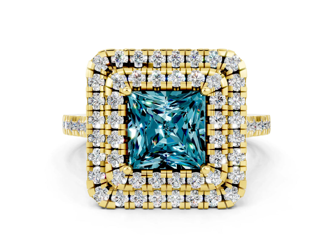 Yellow gold Double Halo Princess Cut Blue Topaz Pavé Band with Four-Prong Setting
