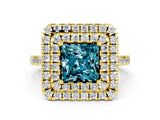 Yellow gold Double Halo Princess Cut Blue Topaz Pavé Band with Four-Prong Setting