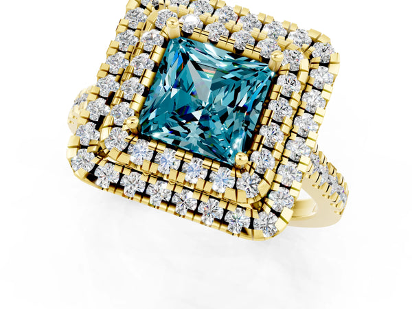 Yellow gold Double Halo Princess Cut Blue Topaz Pavé Band with Four-Prong Setting