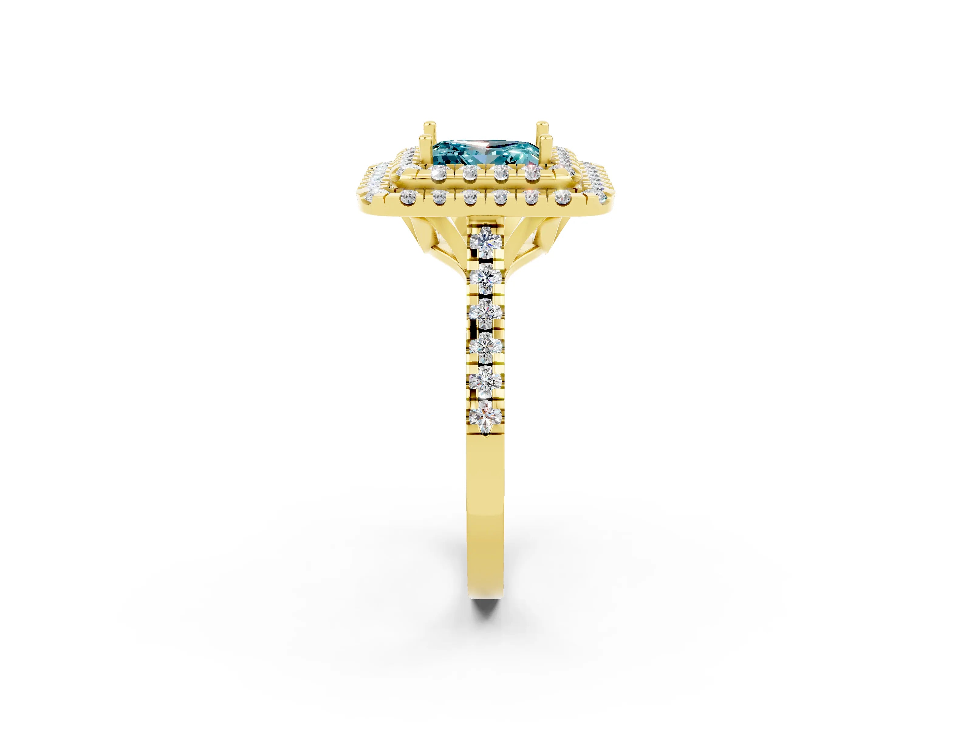 Yellow gold Double Halo Princess Cut Blue Topaz Pavé Band with Four-Prong Setting_2