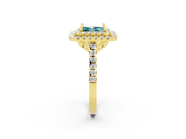 Yellow gold Double Halo Princess Cut Blue Topaz Pavé Band with Four-Prong Setting