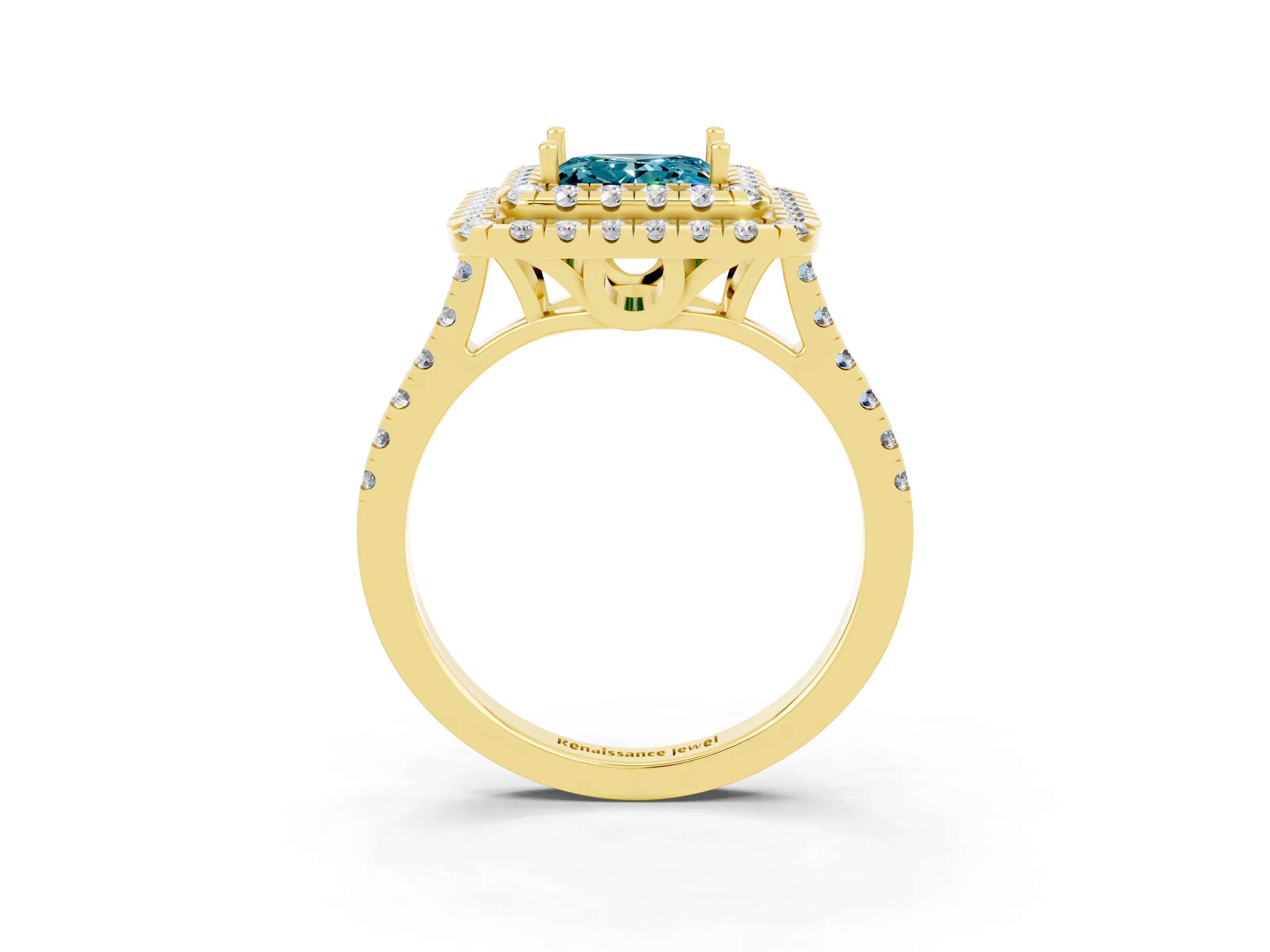 Yellow gold Double Halo Princess Cut Blue Topaz Pavé Band with Four-Prong Setting_3