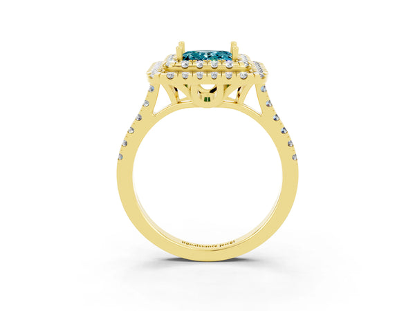 Yellow gold Double Halo Princess Cut Blue Topaz Pavé Band with Four-Prong Setting