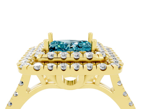 Yellow gold Double Halo Princess Cut Blue Topaz Pavé Band with Four-Prong Setting_4