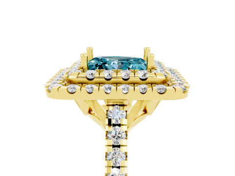 Yellow gold Double Halo Princess Cut Blue Topaz Pavé Band with Four-Prong Setting_5