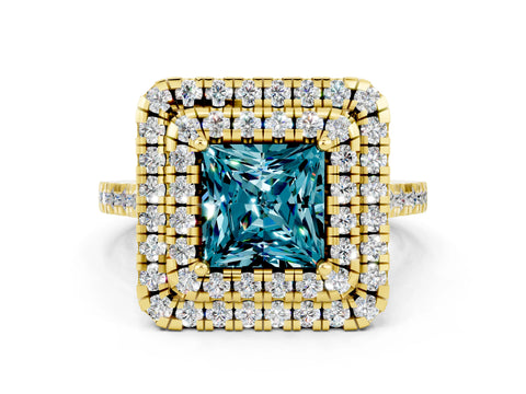 Yellow gold Double Halo Princess Cut Blue Topaz Pavé Band with Four-Prong Setting