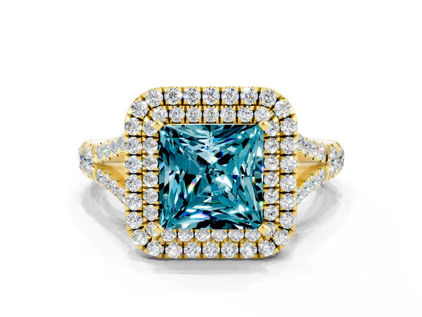 Yellow gold Double Halo Princess Cut Blue Topaz Pavé Split Shank Ring with Prong Setting