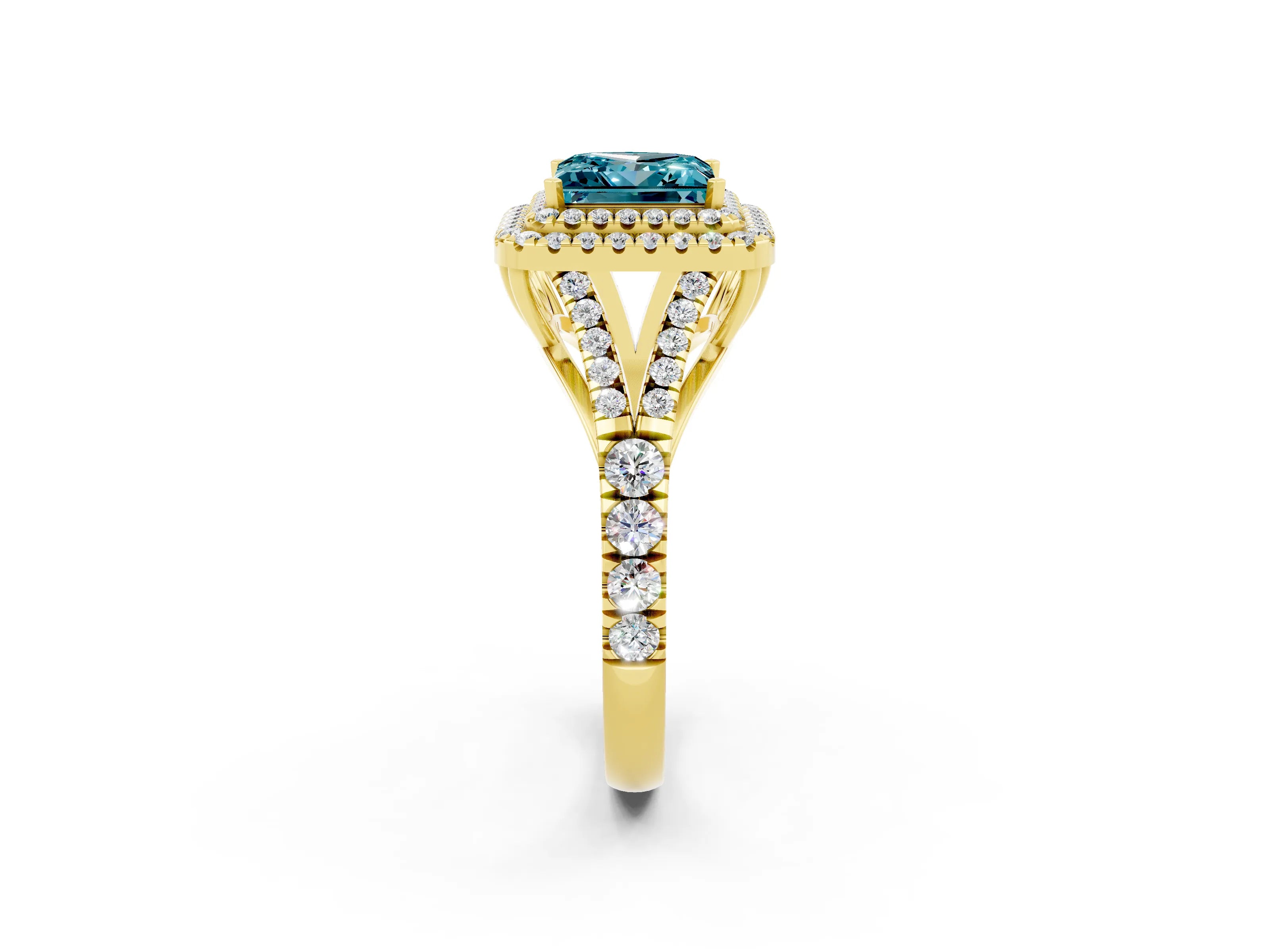 Yellow gold Double Halo Princess Cut Blue Topaz Pavé Split Shank Ring with Prong Setting_2