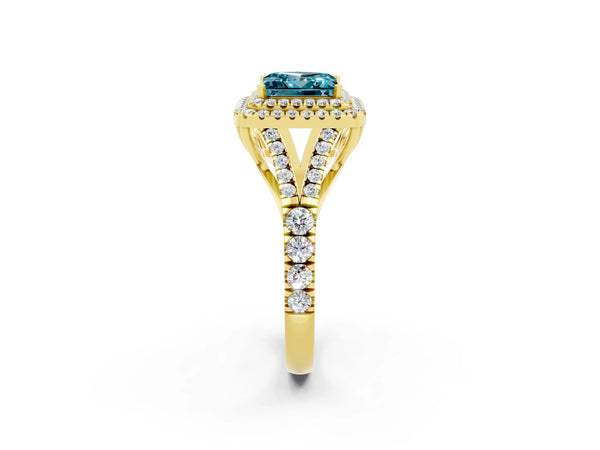 Yellow gold Double Halo Princess Cut Blue Topaz Pavé Split Shank Ring with Prong Setting