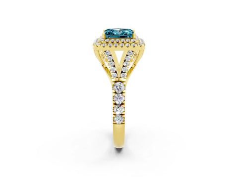 Yellow gold Double Halo Princess Cut Blue Topaz Pavé Split Shank Ring with Prong Setting_2