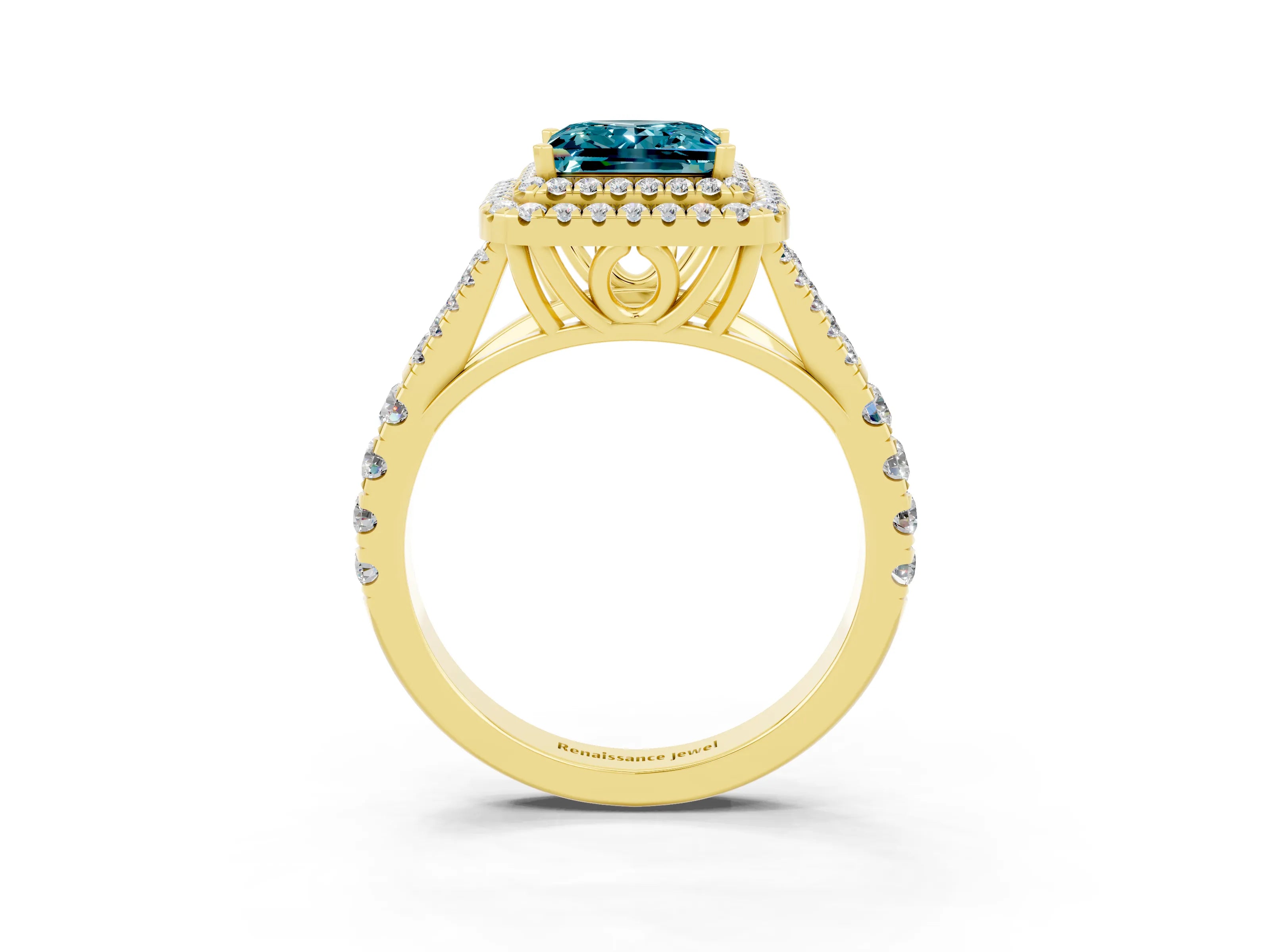 Yellow gold Double Halo Princess Cut Blue Topaz Pavé Split Shank Ring with Prong Setting_3