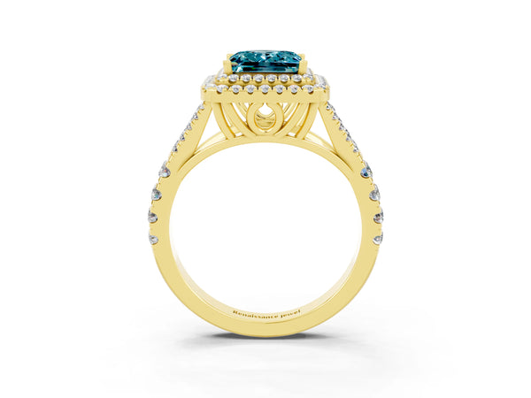 Yellow gold Double Halo Princess Cut Blue Topaz Pavé Split Shank Ring with Prong Setting