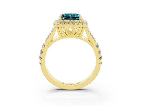 Yellow gold Double Halo Princess Cut Blue Topaz Pavé Split Shank Ring with Prong Setting_3
