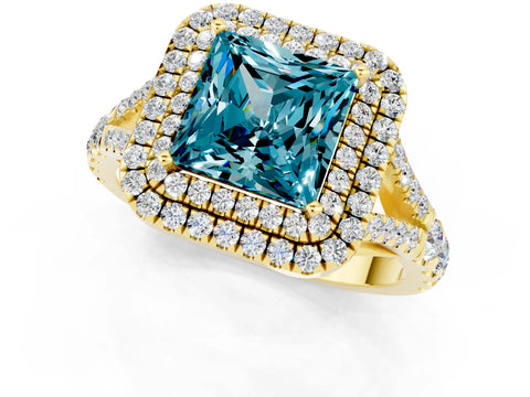 Yellow gold Double Halo Princess Cut Blue Topaz Split Shank Engagement Ring with Four-Prong Setting_1