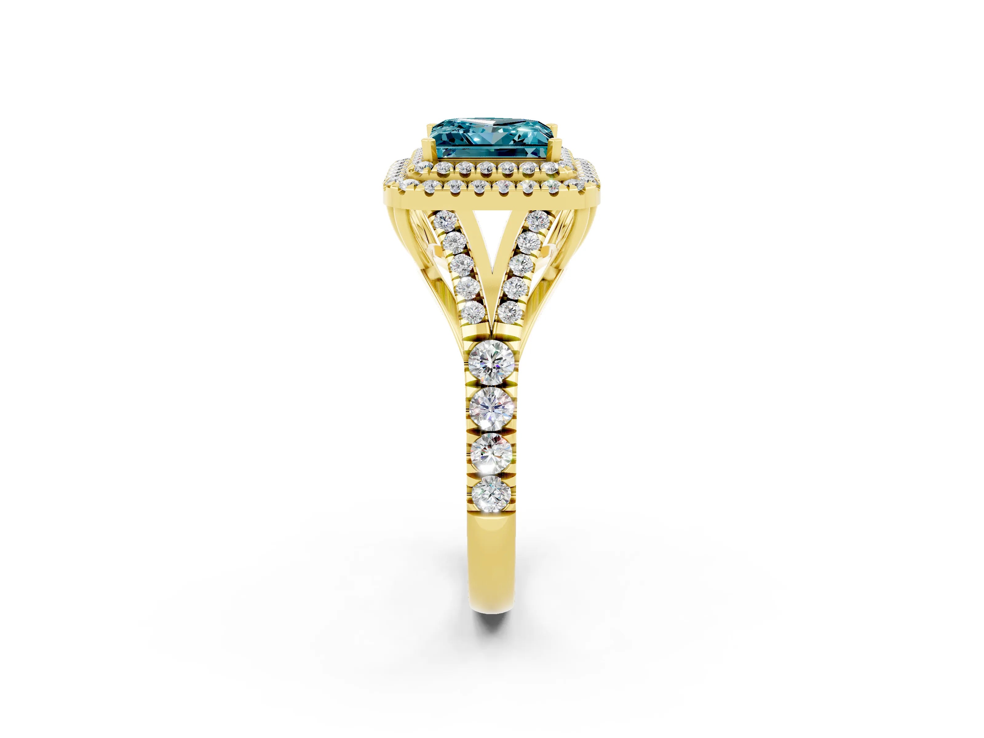 Yellow gold Double Halo Princess Cut Blue Topaz Split Shank Engagement Ring with Four-Prong Setting_2