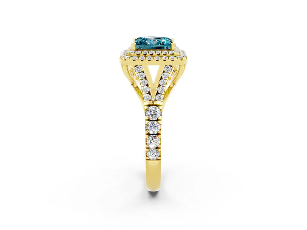 Yellow gold Double Halo Princess Cut Blue Topaz Split Shank Engagement Ring with Four-Prong Setting