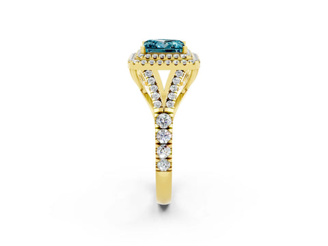 Yellow gold Double Halo Princess Cut Blue Topaz Split Shank Engagement Ring with Four-Prong Setting_2