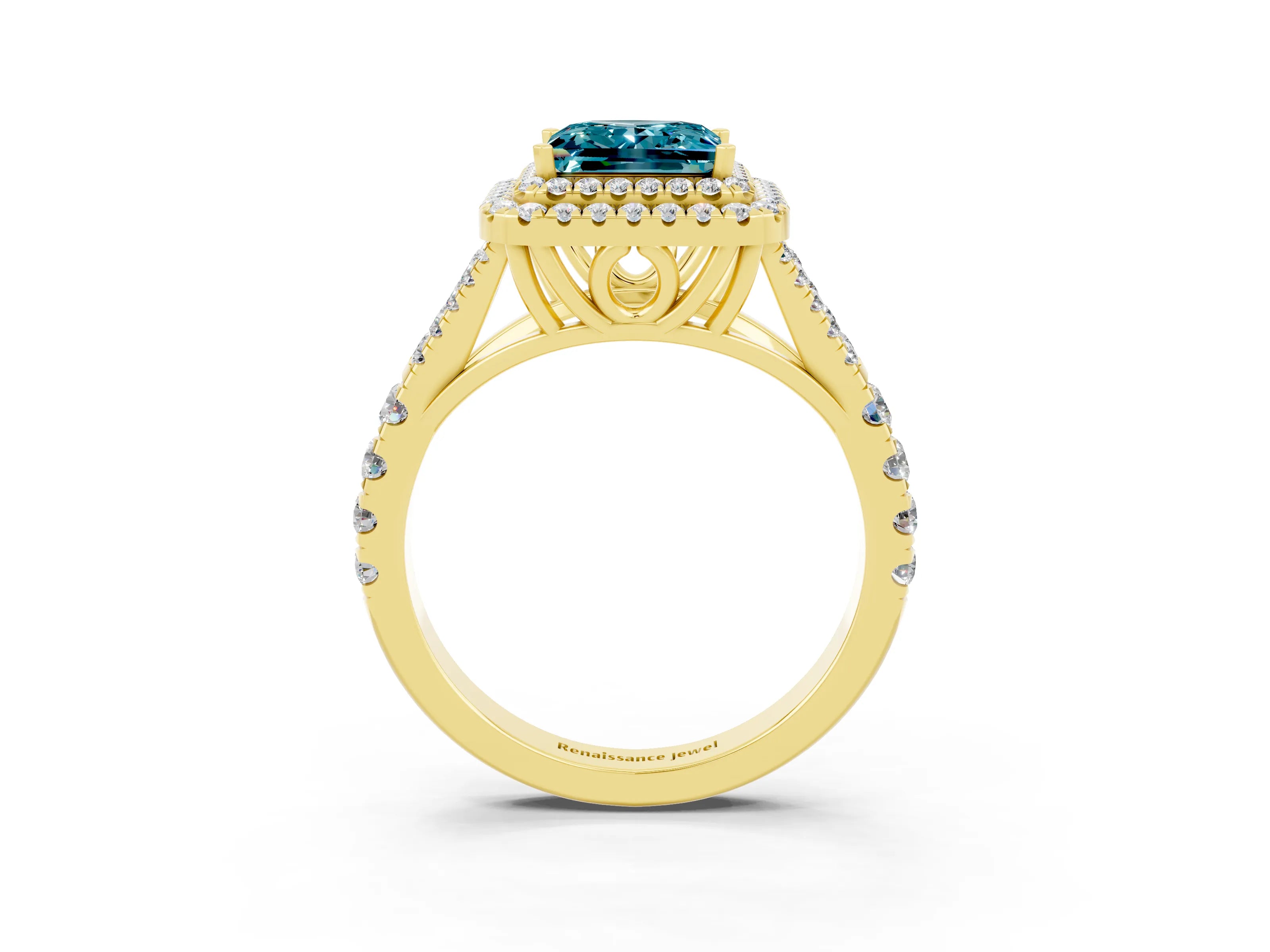 Yellow gold Double Halo Princess Cut Blue Topaz Split Shank Engagement Ring with Four-Prong Setting_3