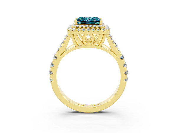 Yellow gold Double Halo Princess Cut Blue Topaz Split Shank Engagement Ring with Four-Prong Setting