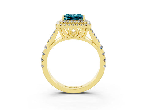 Yellow gold Double Halo Princess Cut Blue Topaz Split Shank Engagement Ring with Four-Prong Setting_3
