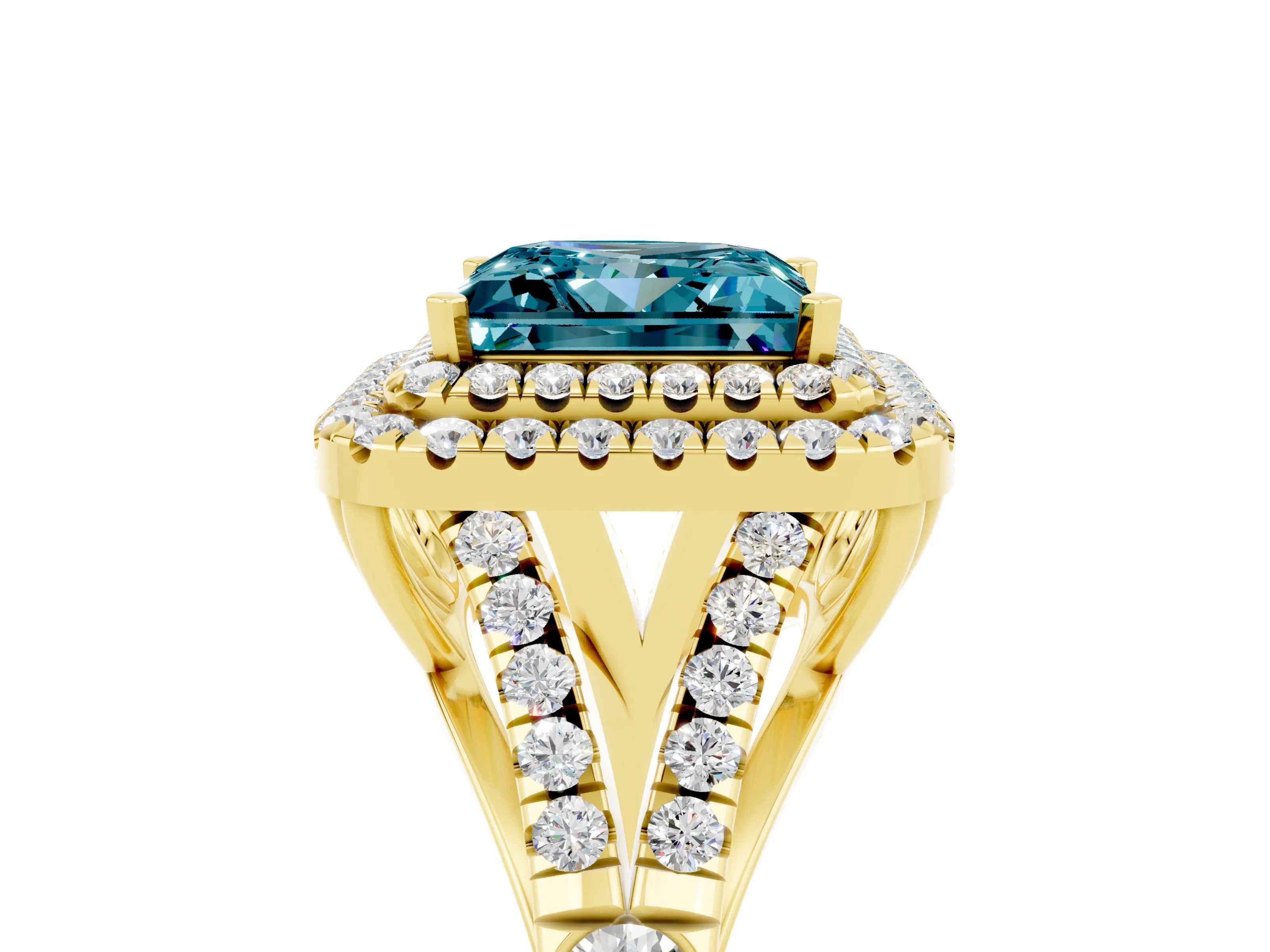 Yellow gold Double Halo Princess Cut Blue Topaz Split Shank Engagement Ring with Four-Prong Setting_5
