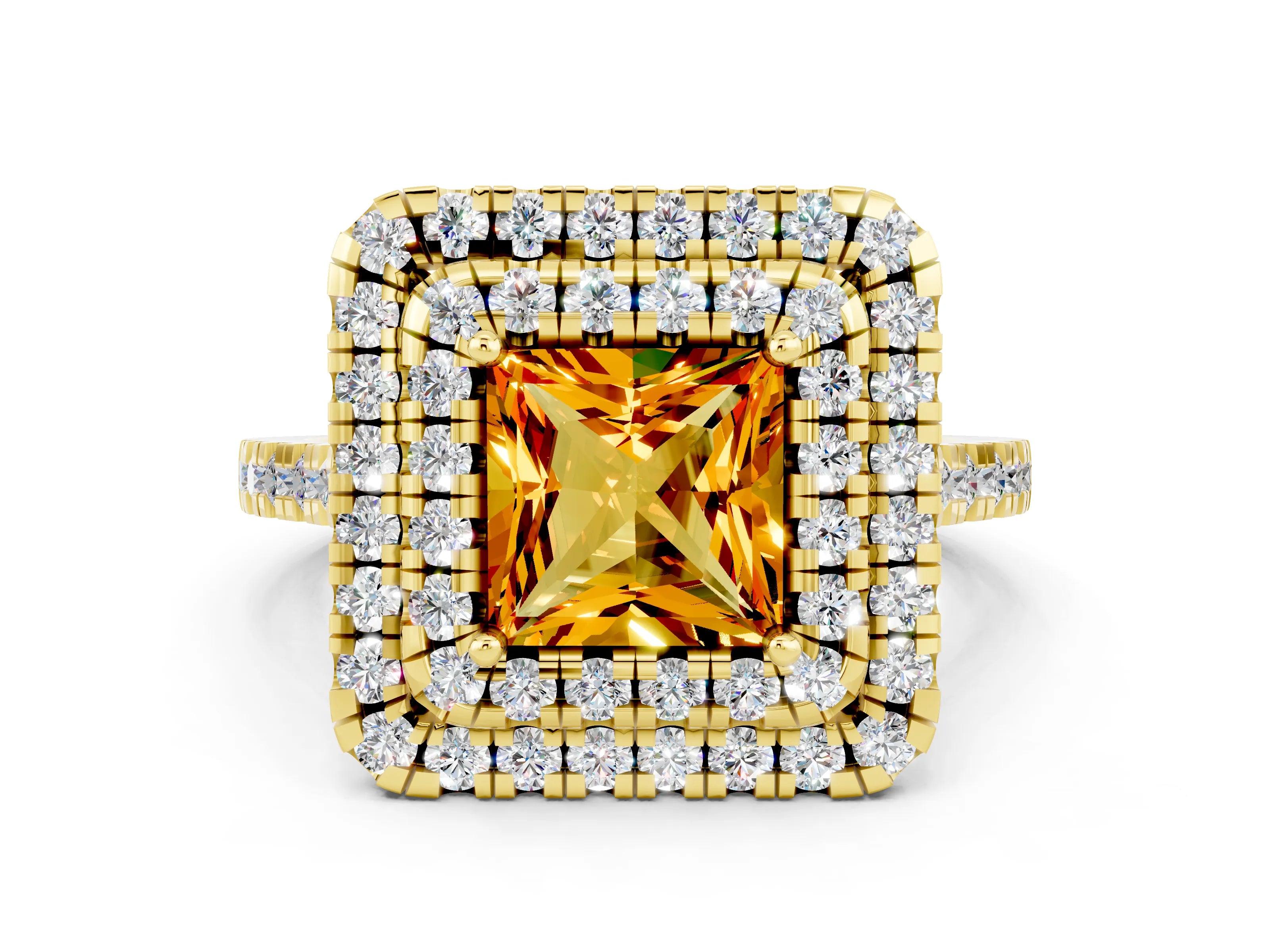 Yellow gold Double Halo Princess Cut Citrine Pavé Band with Four-Prong Setting