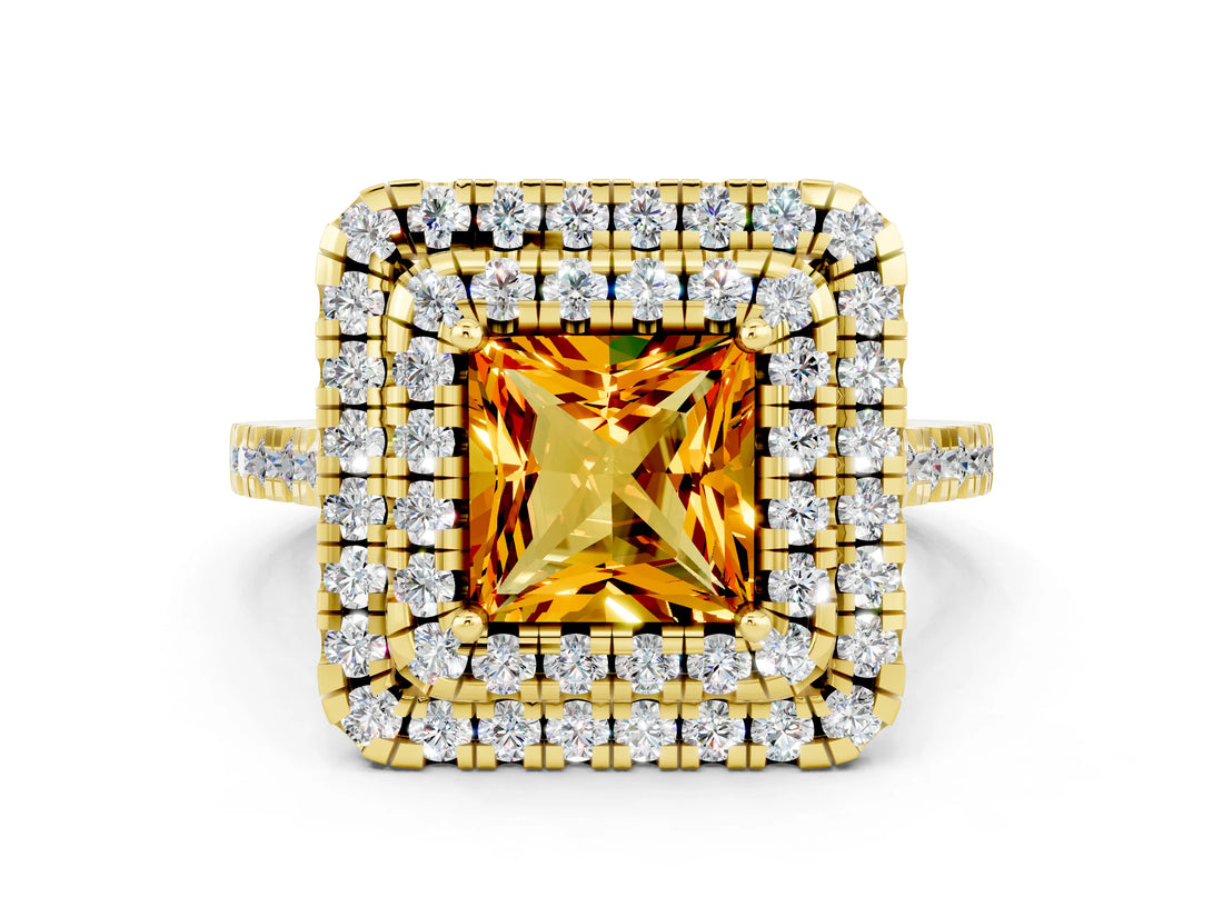 Yellow gold Double Halo Princess Cut Citrine Pavé Band with Four-Prong Setting