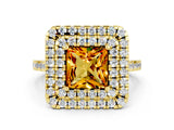 Yellow gold Double Halo Princess Cut Citrine Pavé Band with Four-Prong Setting
