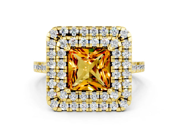 Yellow gold Double Halo Princess Cut Citrine Pavé Band with Four-Prong Setting