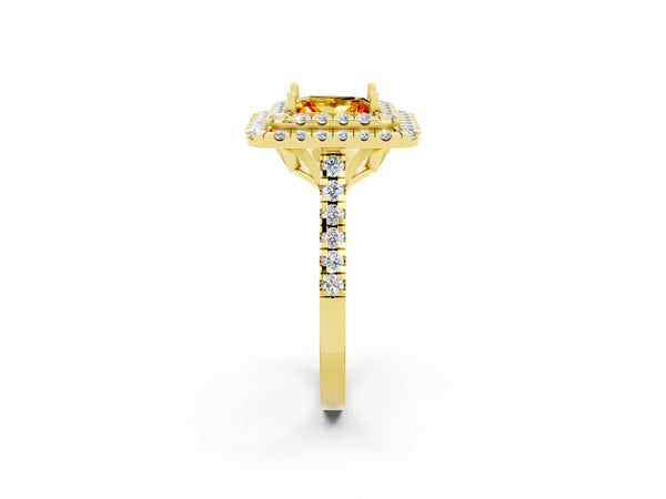 Yellow gold Double Halo Princess Cut Citrine Pavé Band with Four-Prong Setting