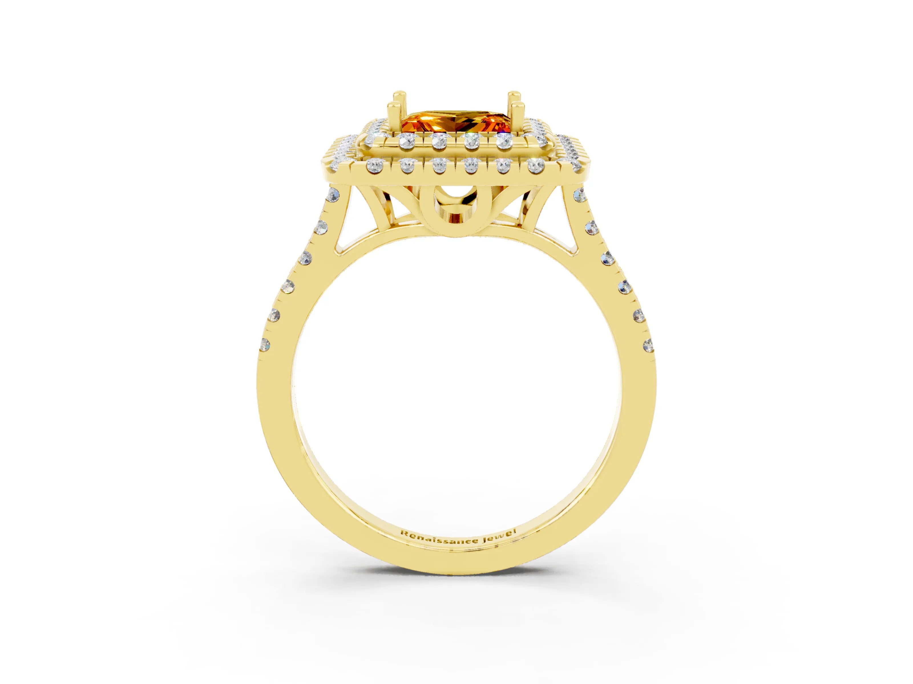 Yellow gold Double Halo Princess Cut Citrine Pavé Band with Four-Prong Setting_3