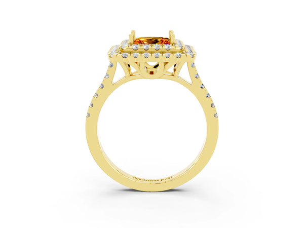 Yellow gold Double Halo Princess Cut Citrine Pavé Band with Four-Prong Setting