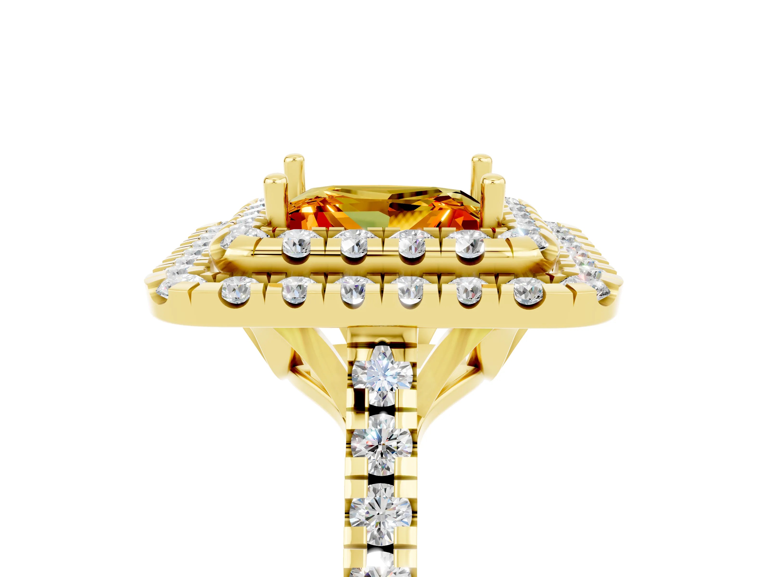 Yellow gold Double Halo Princess Cut Citrine Pavé Band with Four-Prong Setting_5