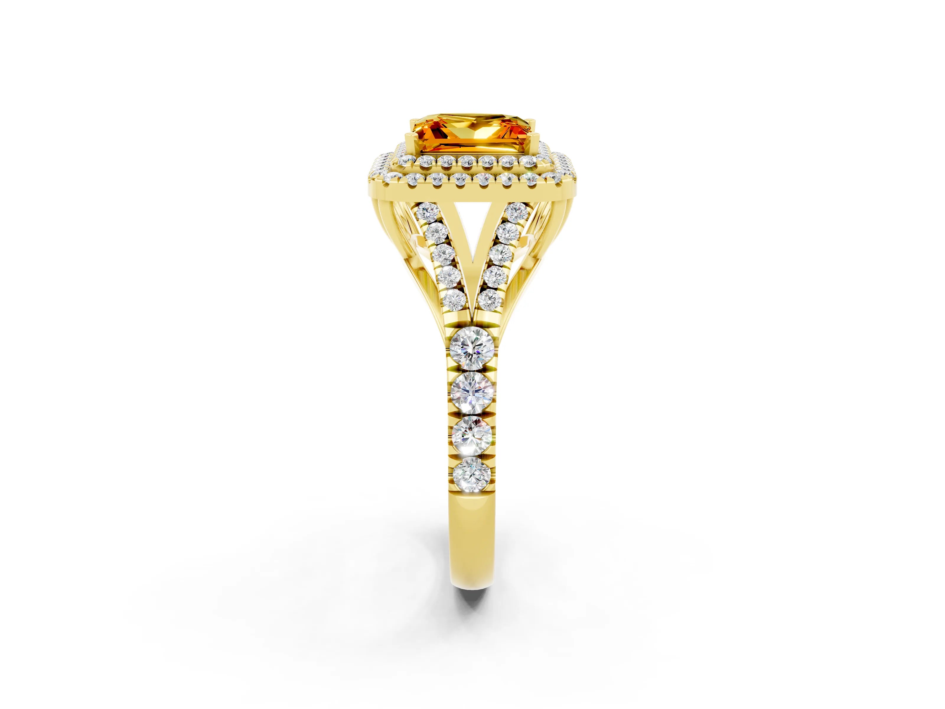 Yellow gold Double Halo Princess Cut Citrine Pavé Split Shank Ring with Prong Setting_2