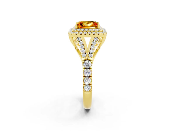 Yellow gold Double Halo Princess Cut Citrine Pavé Split Shank Ring with Prong Setting