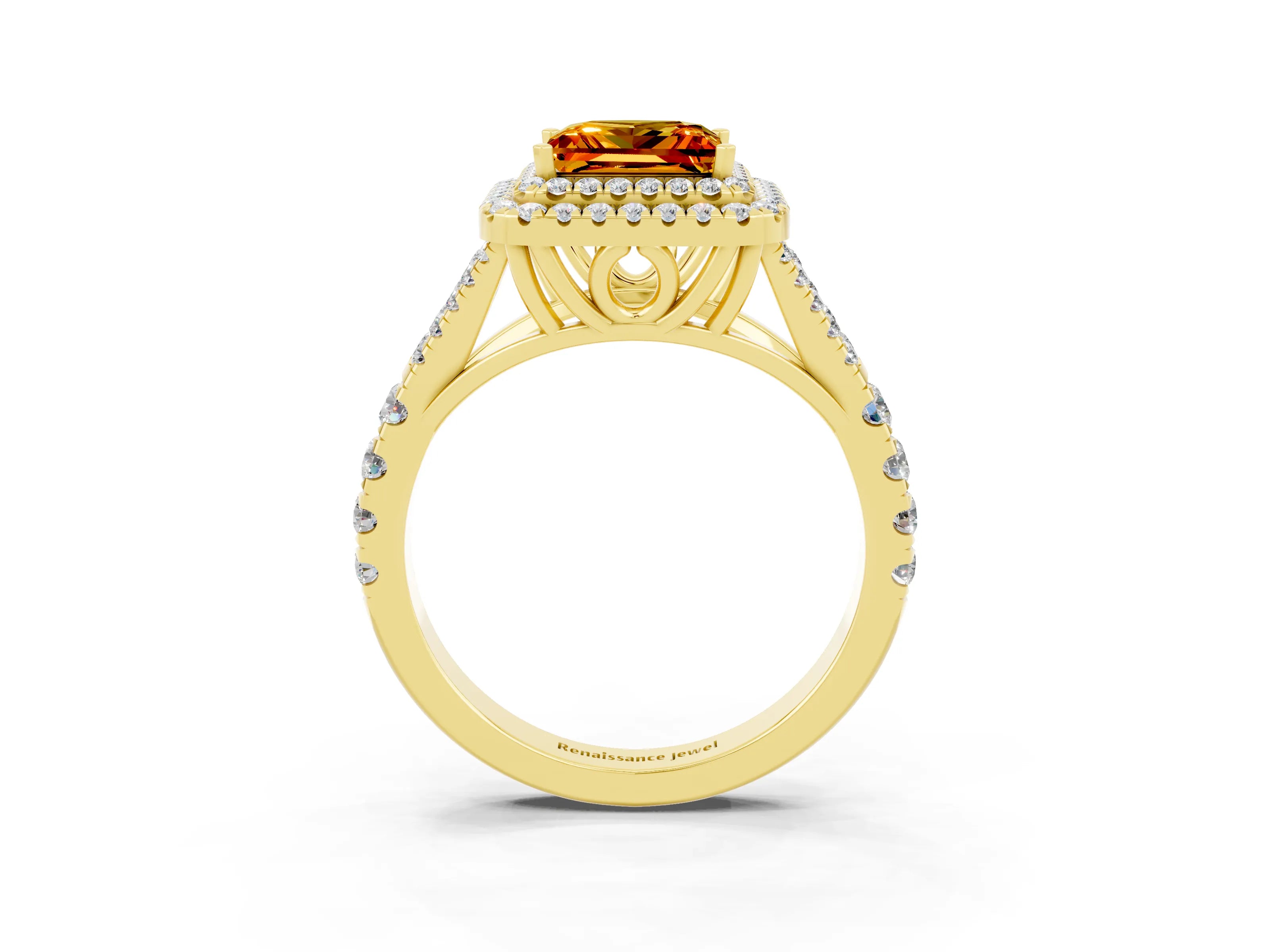 Yellow gold Double Halo Princess Cut Citrine Pavé Split Shank Ring with Prong Setting_3
