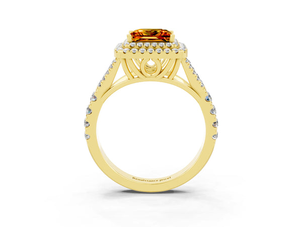 Yellow gold Double Halo Princess Cut Citrine Pavé Split Shank Ring with Prong Setting