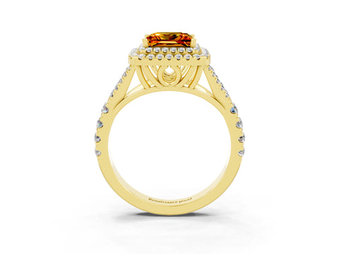 Yellow gold Double Halo Princess Cut Citrine Pavé Split Shank Ring with Prong Setting_3