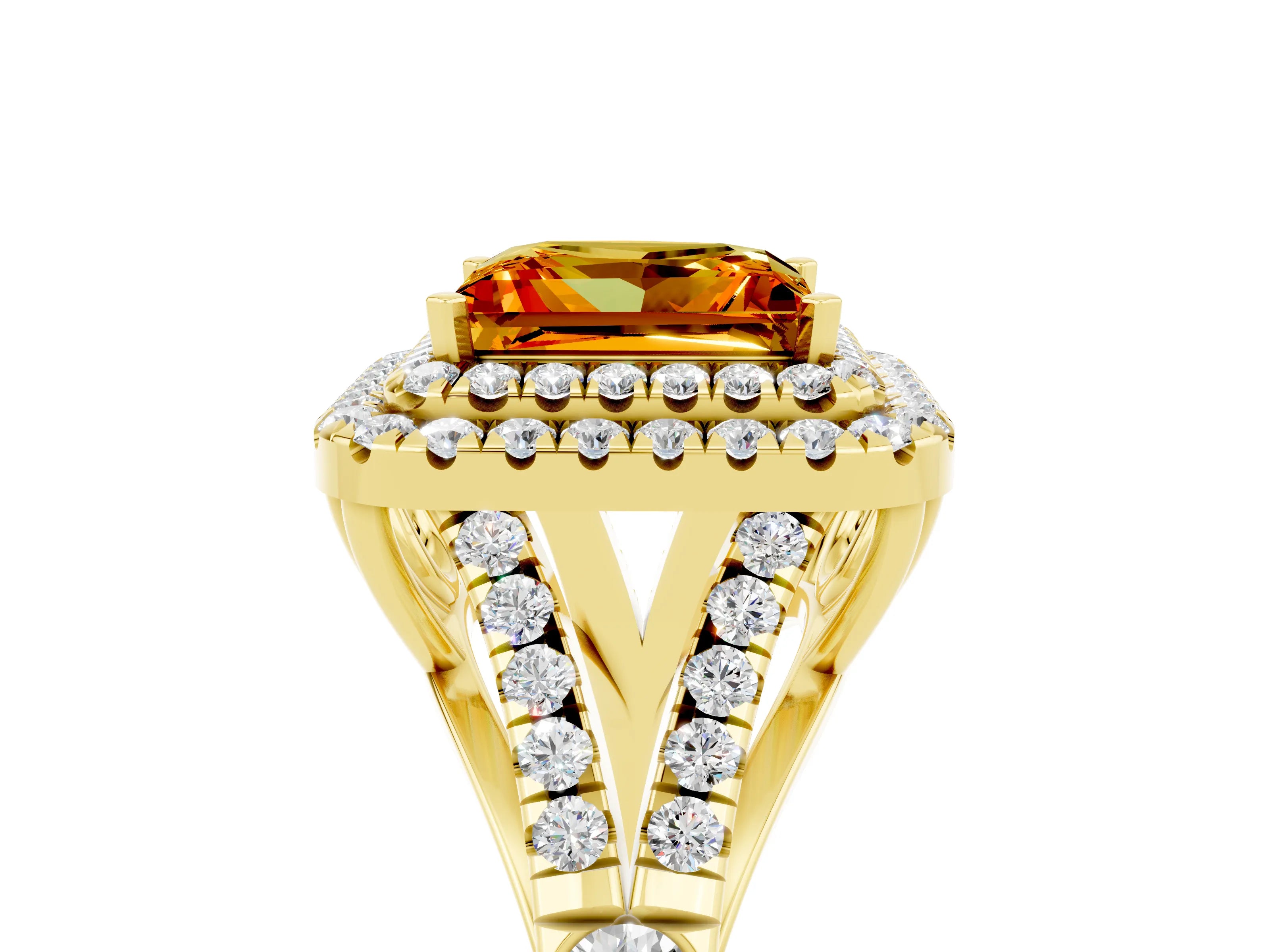 Yellow gold Double Halo Princess Cut Citrine Pavé Split Shank Ring with Prong Setting_5