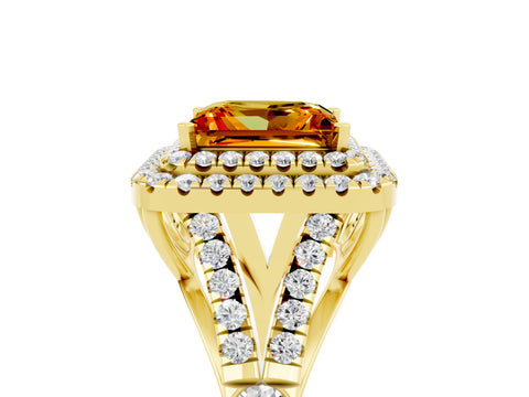 Yellow gold Double Halo Princess Cut Citrine Pavé Split Shank Ring with Prong Setting_5