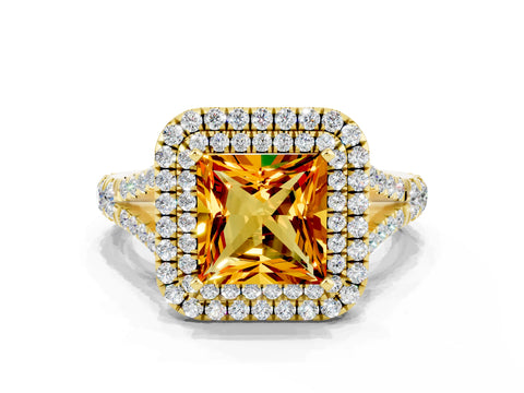 Yellow gold Double Halo Princess Cut Citrine Pavé Split Shank Ring with Prong Setting