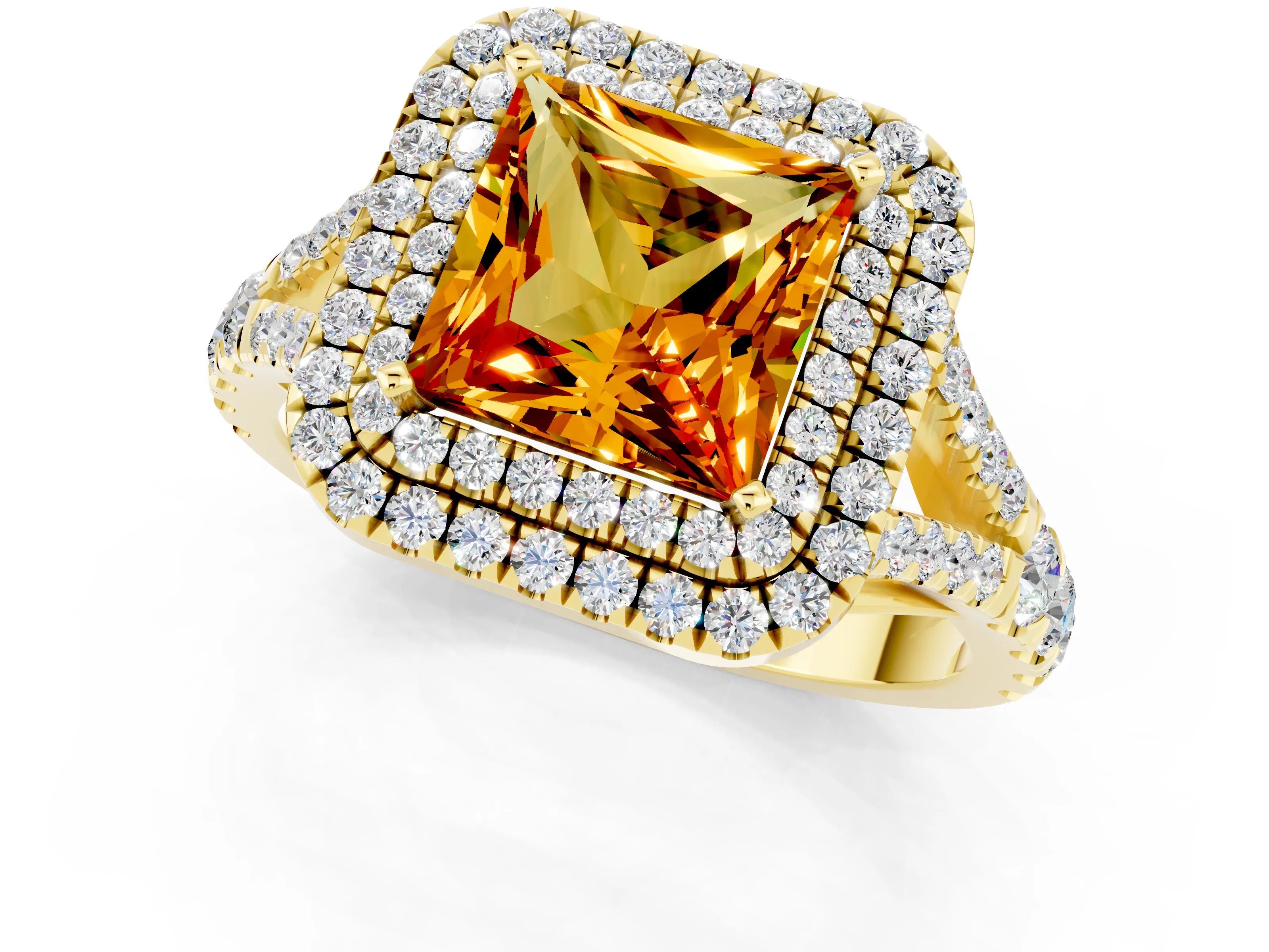 Yellow gold Double Halo Princess Cut Citrine Split Shank Engagement Ring with Four-Prong Setting_1