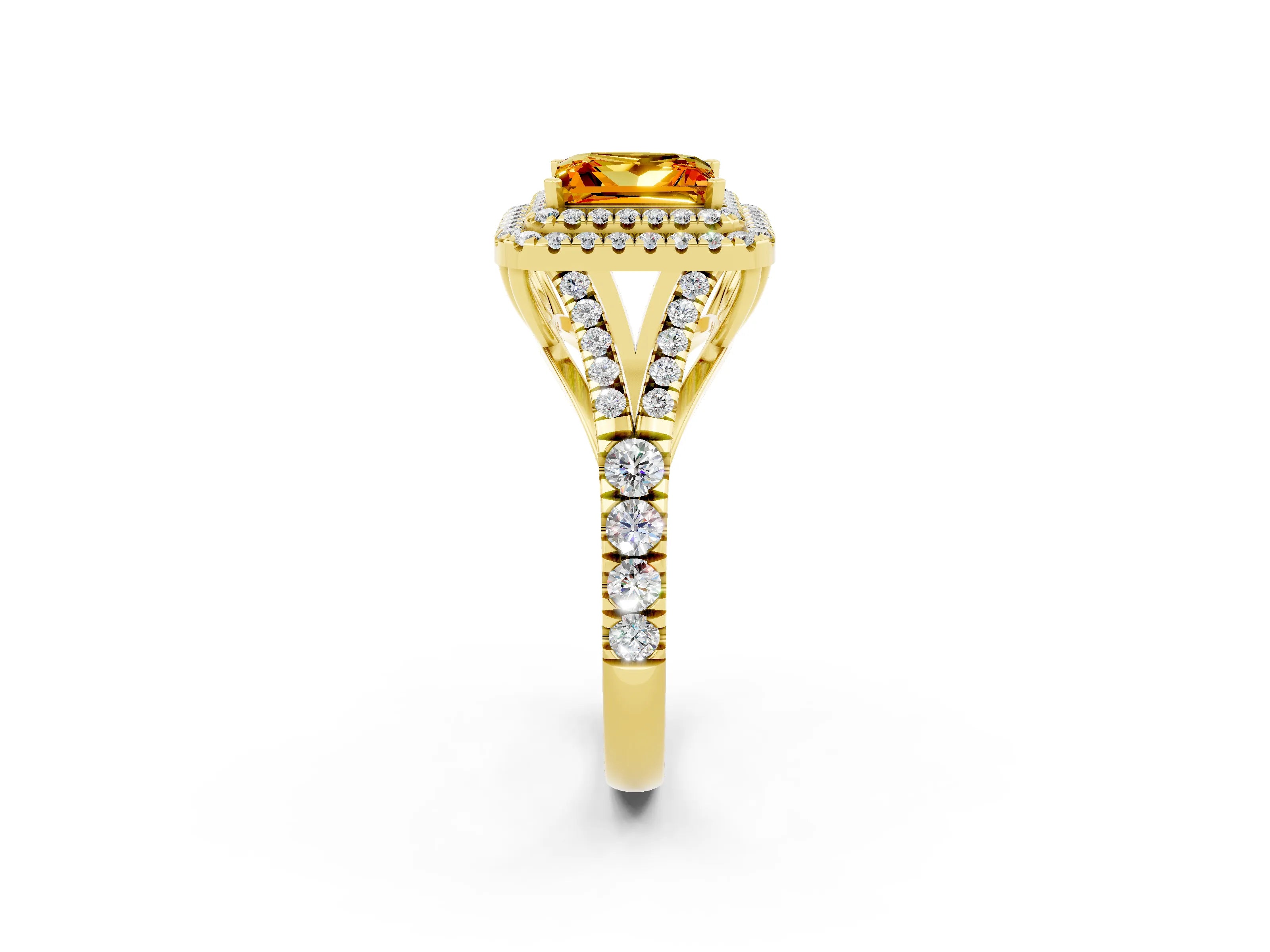 Yellow gold Double Halo Princess Cut Citrine Split Shank Engagement Ring with Four-Prong Setting_2