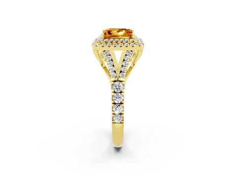 Yellow gold Double Halo Princess Cut Citrine Split Shank Engagement Ring with Four-Prong Setting_2