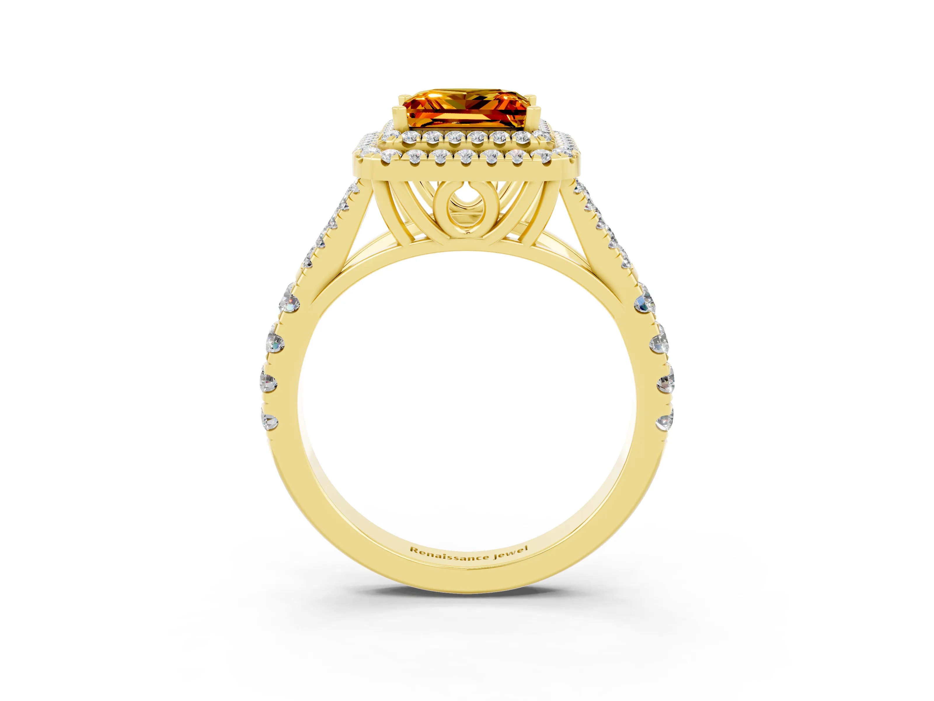 Yellow gold Double Halo Princess Cut Citrine Split Shank Engagement Ring with Four-Prong Setting_3