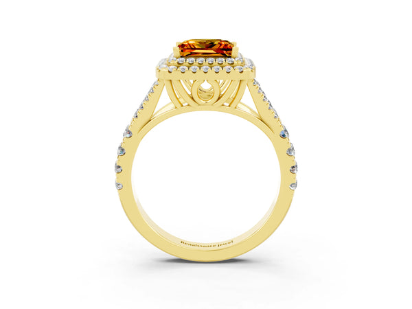Yellow gold Double Halo Princess Cut Citrine Split Shank Engagement Ring with Four-Prong Setting